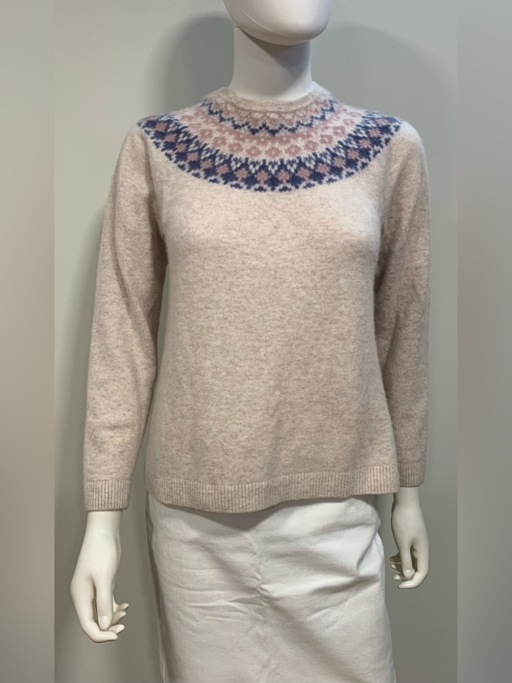 L.L .Bean Women's LG 100% Cashmere Fair Isle Crewneck Sweater Beige Cottagecore